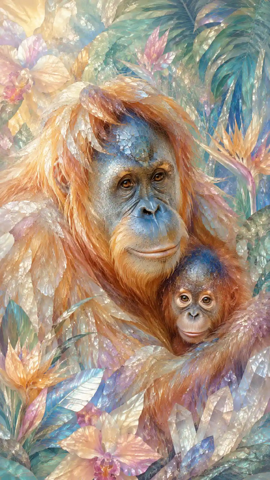 Orangutan mother with baby in a lush tropical jungle