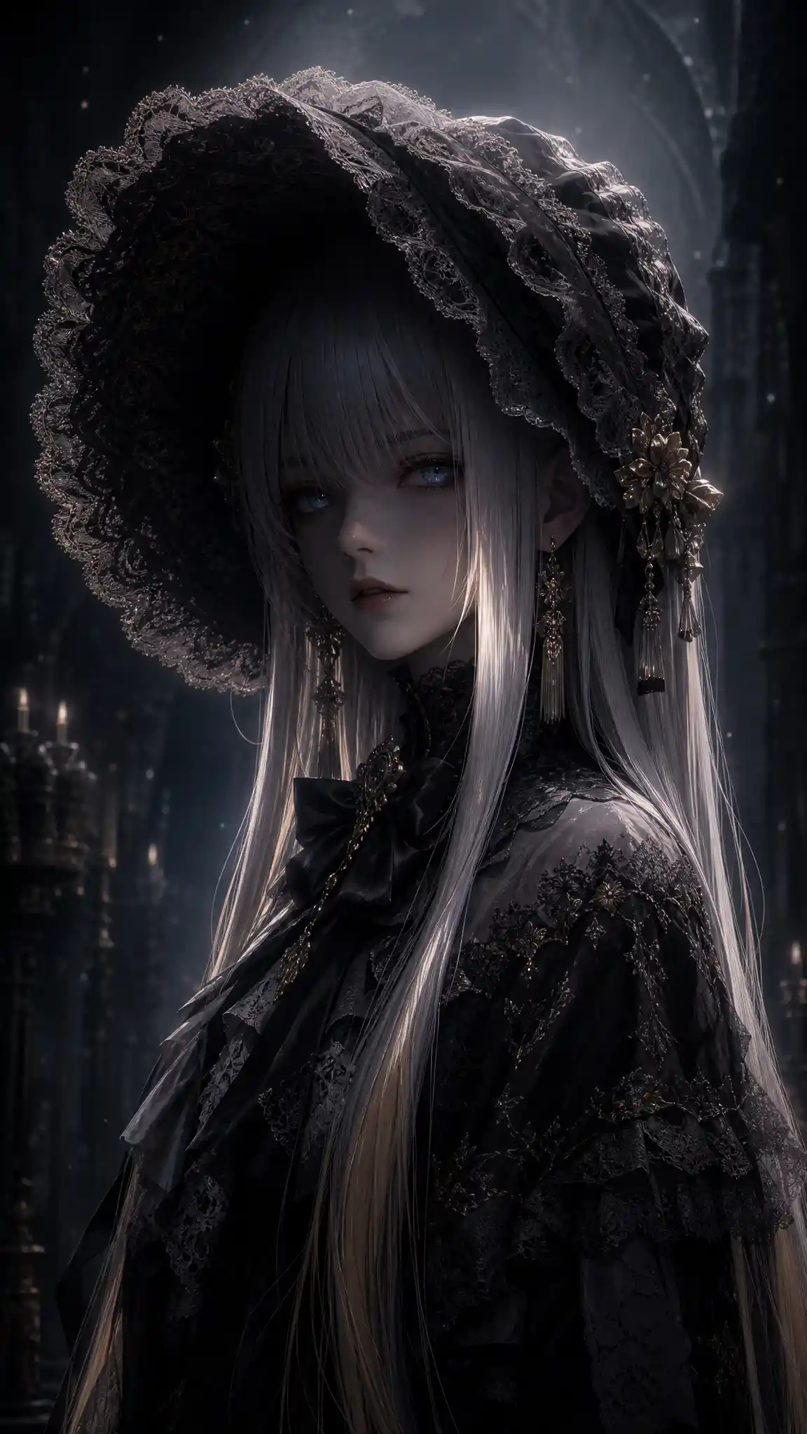 Young maiden in lace bonnet standing in deep shadow
