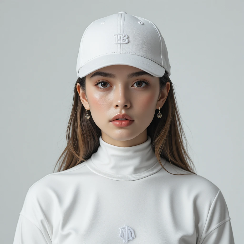 White fashion woman in monochrome outfit and baseball cap