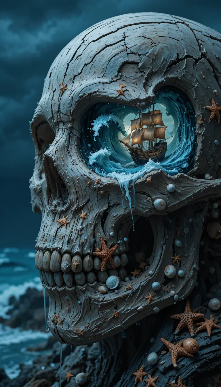 Surreal driftwood skull with stormy ocean eyes and sea life