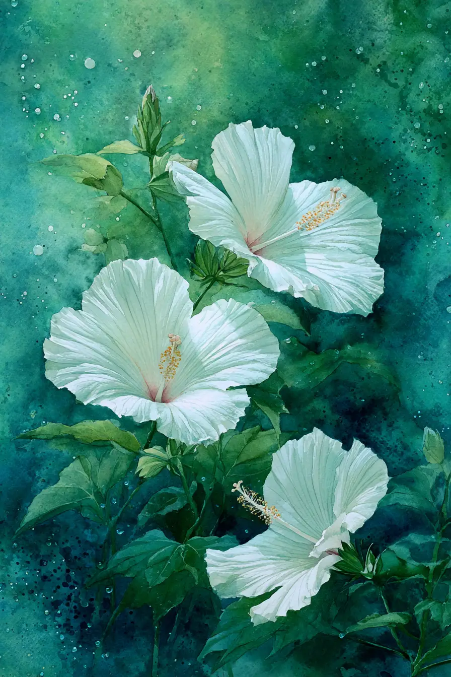White hibiscus blooms drifting in emerald watercolor abstraction