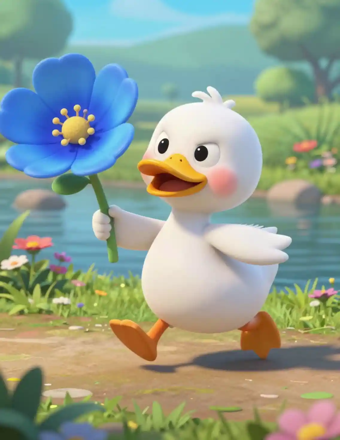 Cute 3D duckling hero running by a flowered riverbank