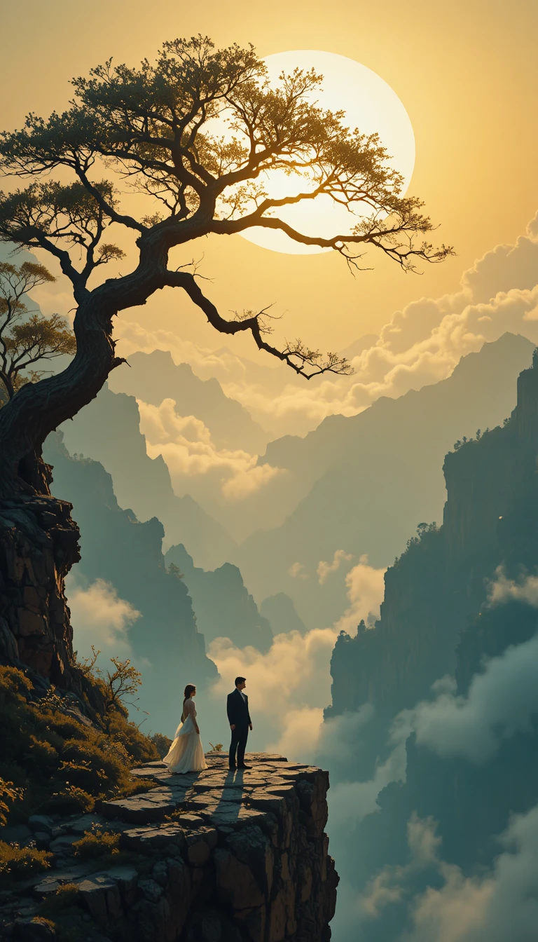 Elegant couple on a rocky cliff at glowing white sun