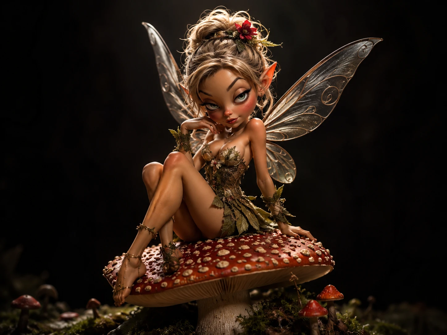 Flirty fairy posing with a toadstool under dramatic light