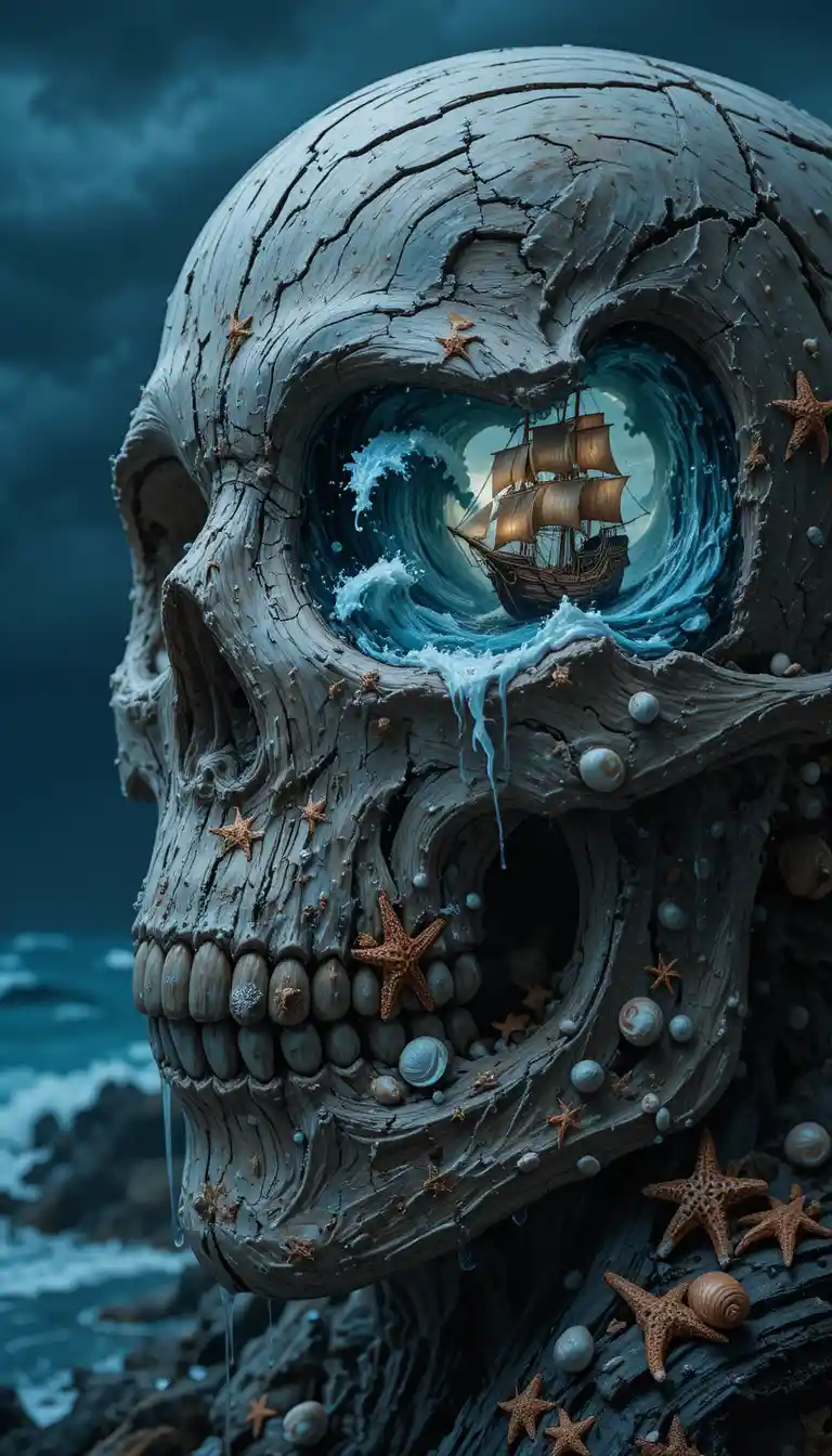 Surreal driftwood skull with stormy ocean eyes and sea life