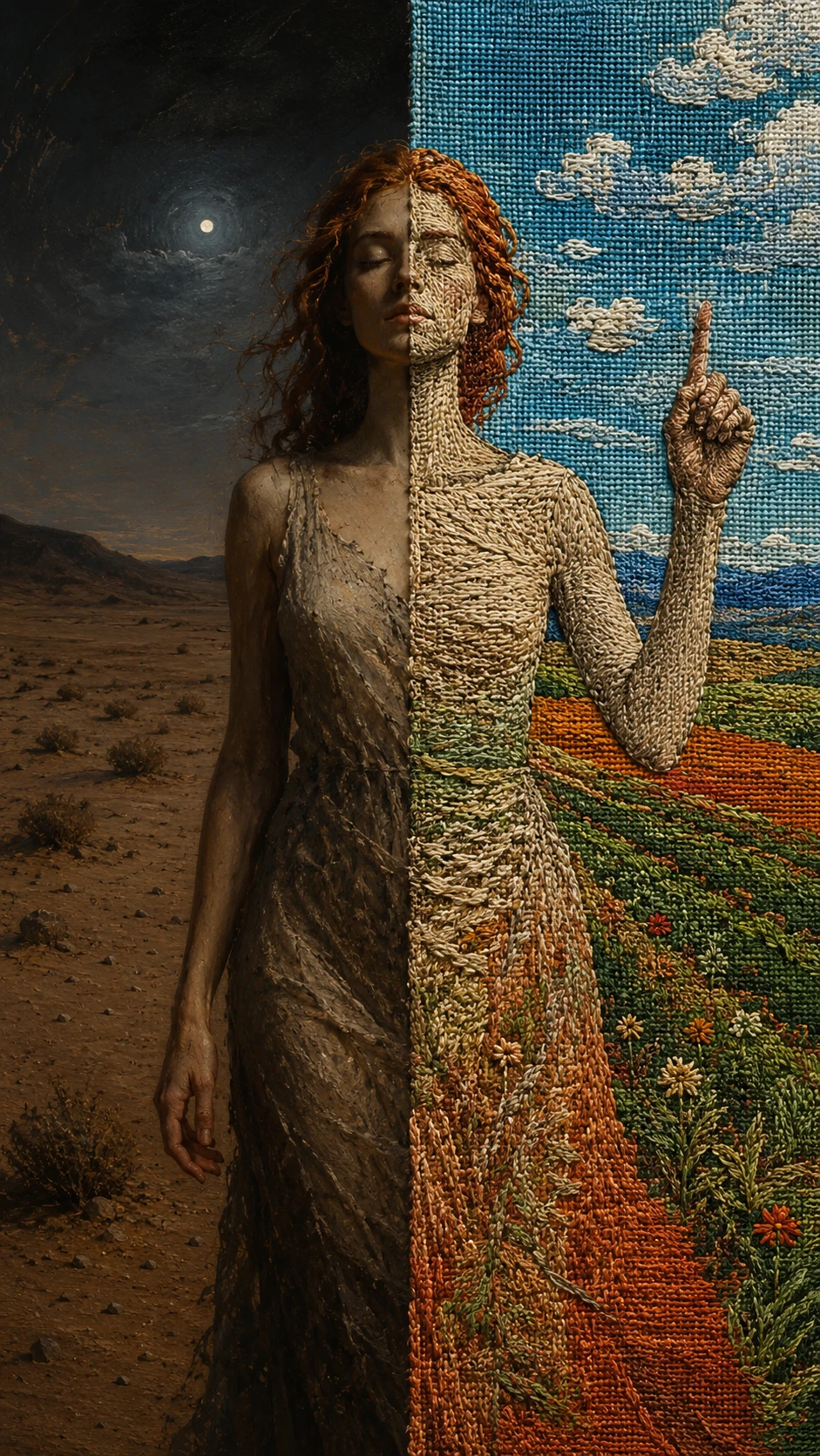Woman divided between desert night and embroidered landscape