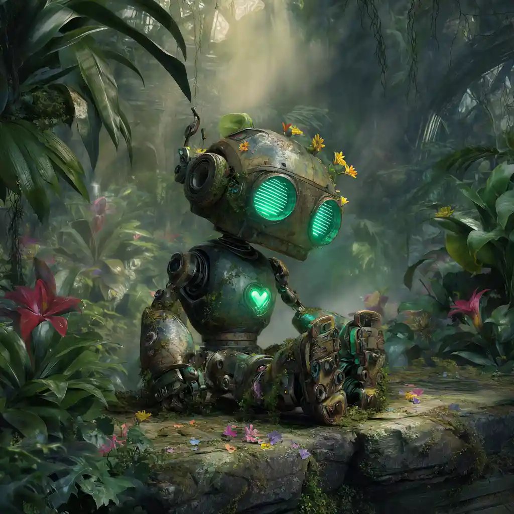 Cyborg With Glowing Heart On Throne In Overgrown Temple