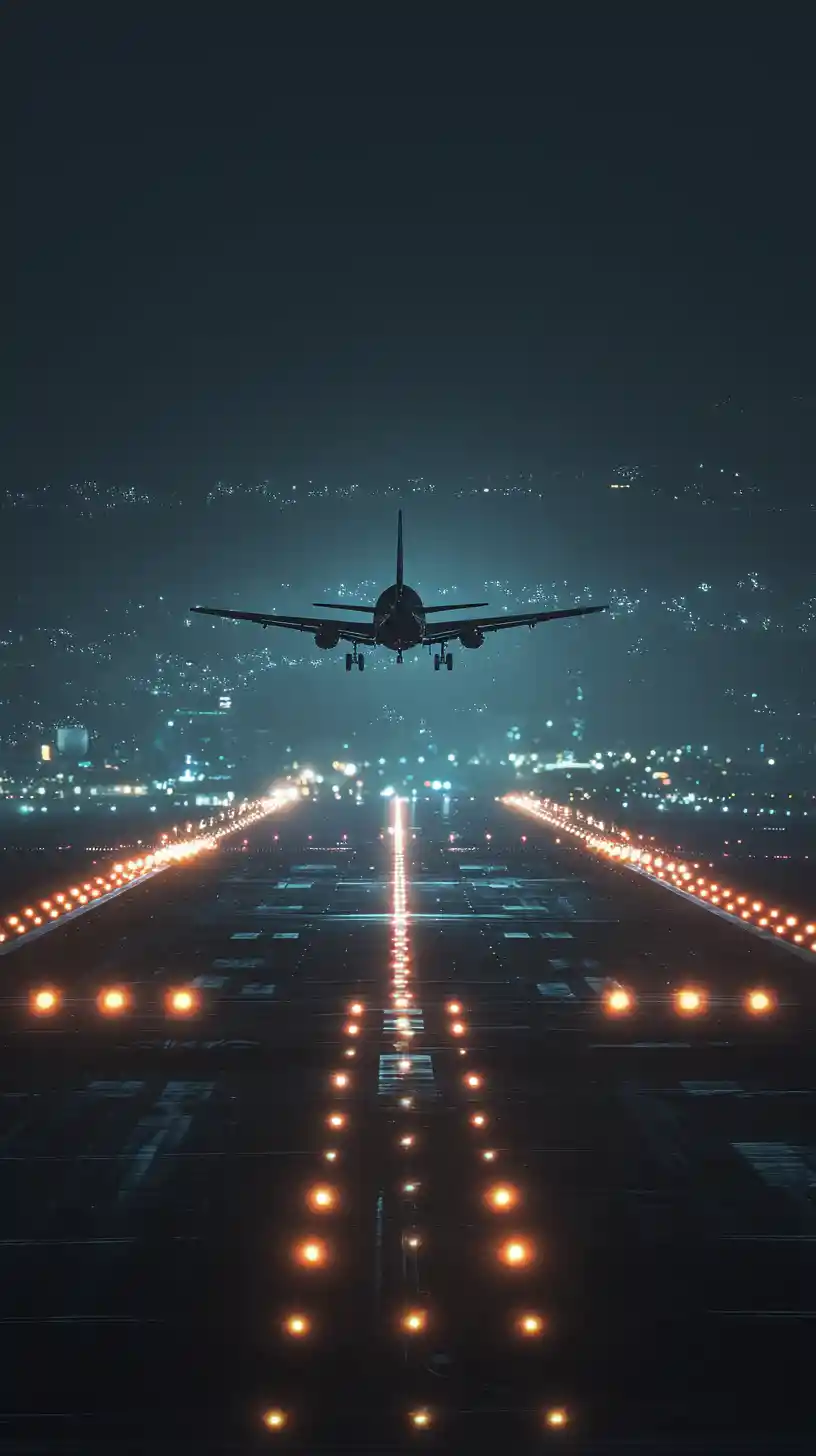 Cinematic jet taking off over glowing runway at night