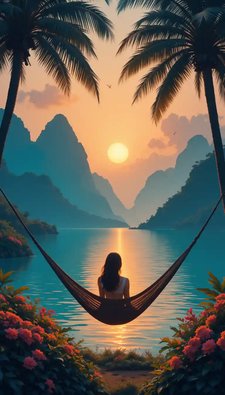 Woman Resting In Hammock Overlooking Tropical Bay At Sunset