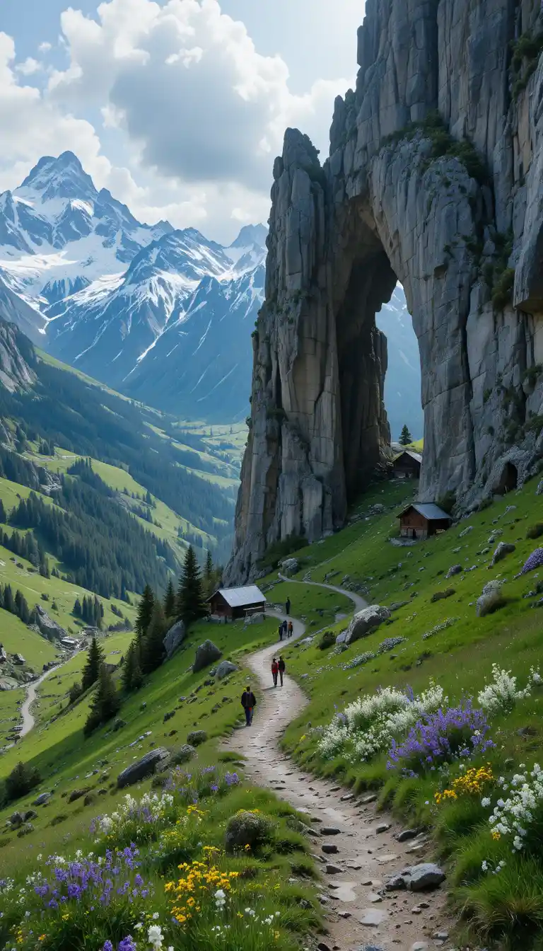 High angle view through a stone arch over alpine valley