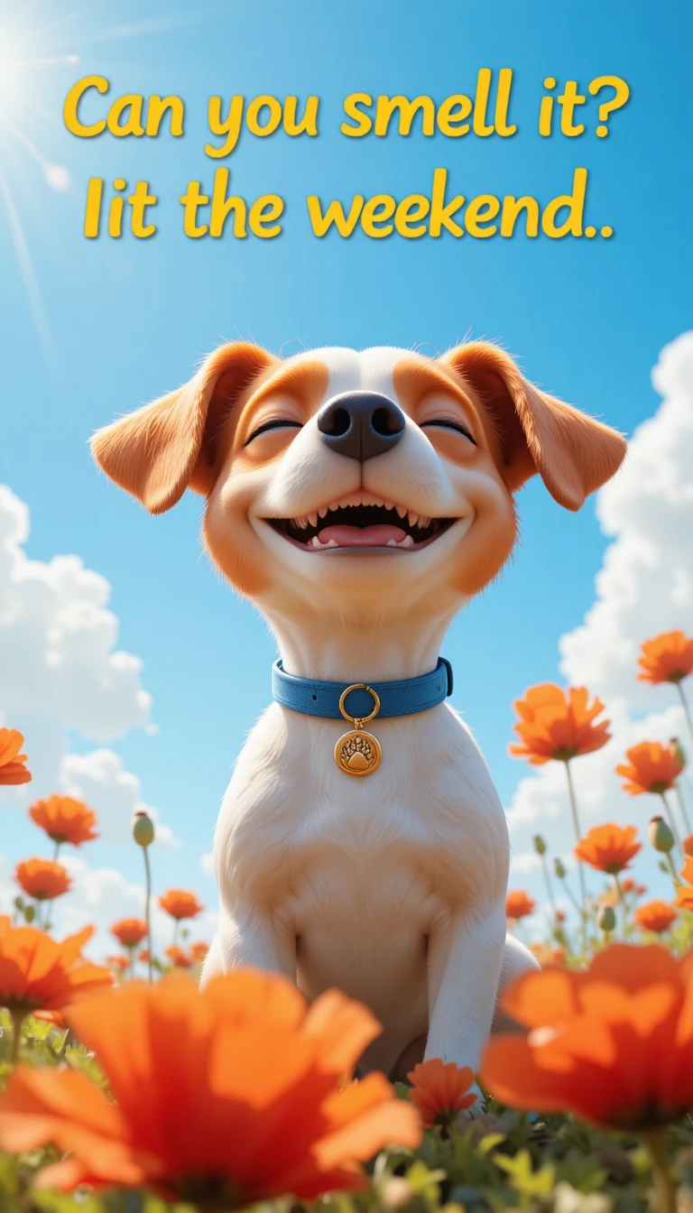 Joyful jack russell puppy in poppy field under summer sky
