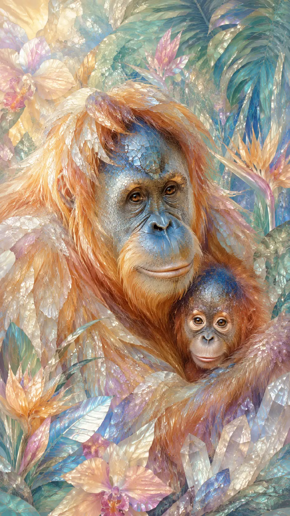Mamma orangotango con cucciolo in una lussureggiante giungla tropicale