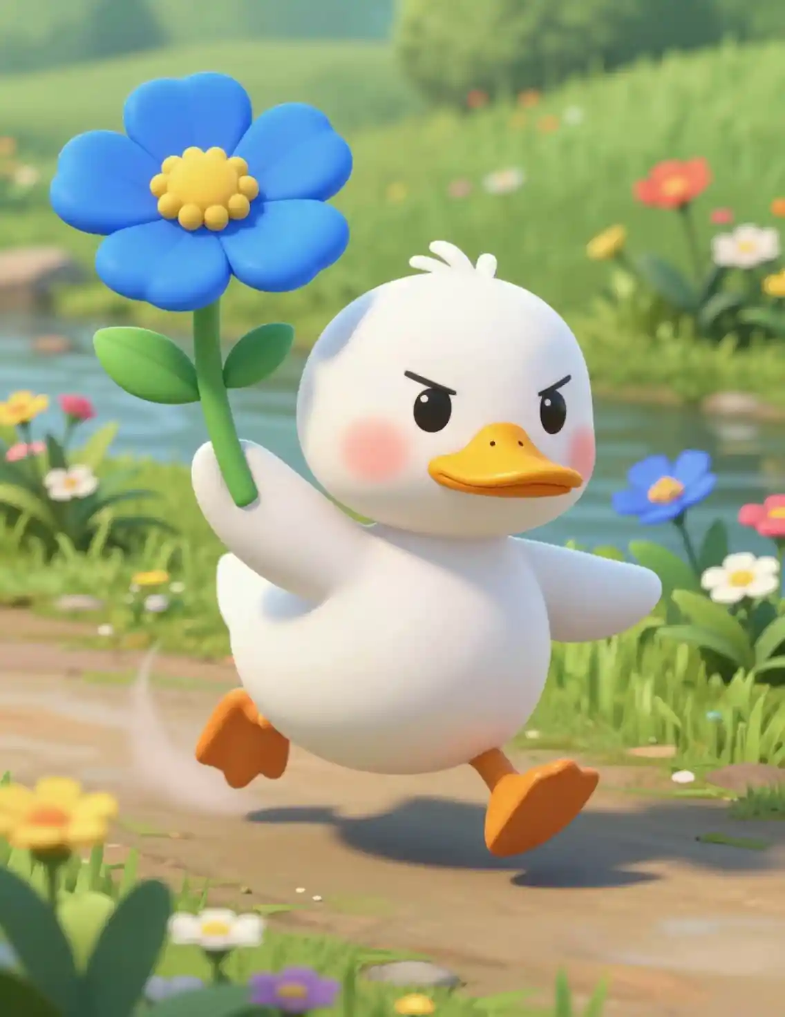 Cute 3D duckling hero running along a flowered riverbank