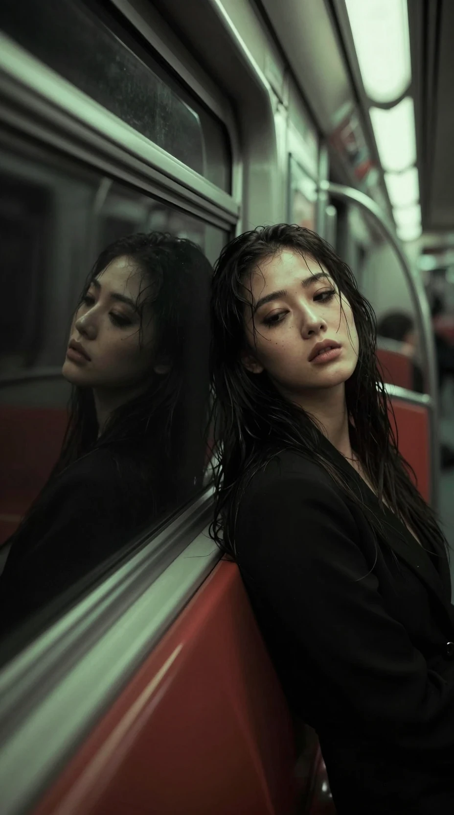 Pensive young woman in a moody subway window reflection
