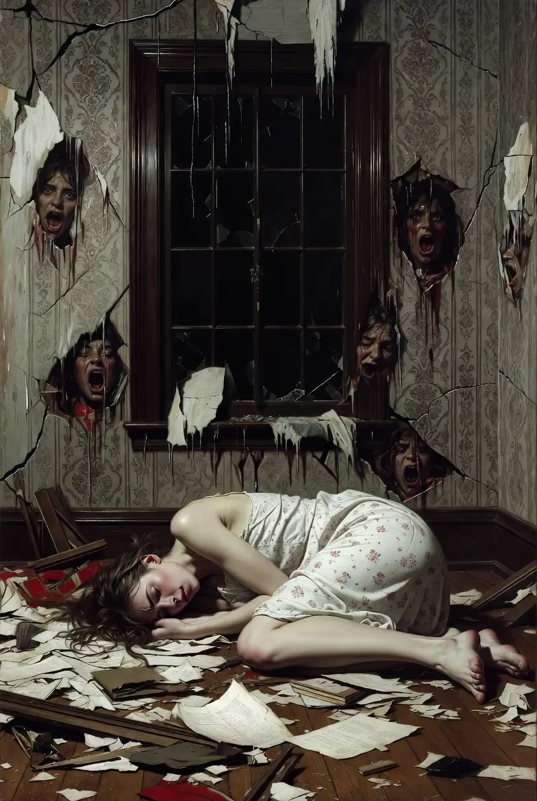 Gothic painting of a girl in a frozen gloomy room