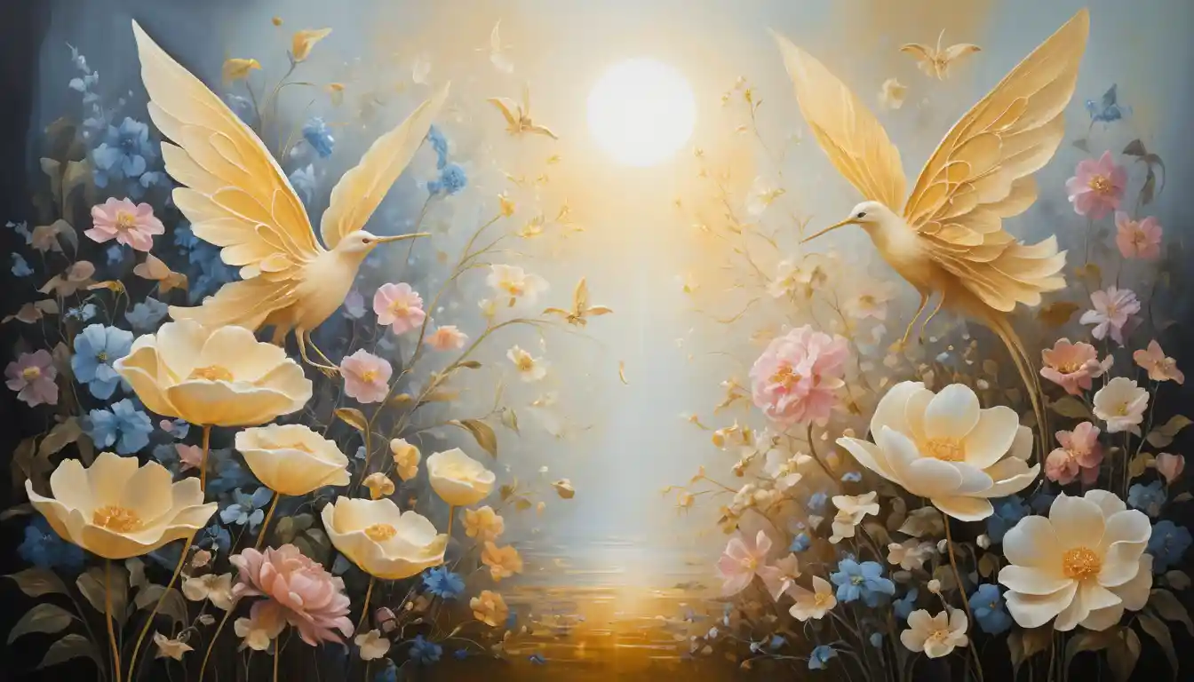 Ethereal Flowers In A Luminous Golden Triptych Painting