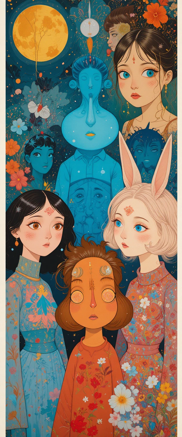 Colorful retro fantasy characters in graphic illustration style