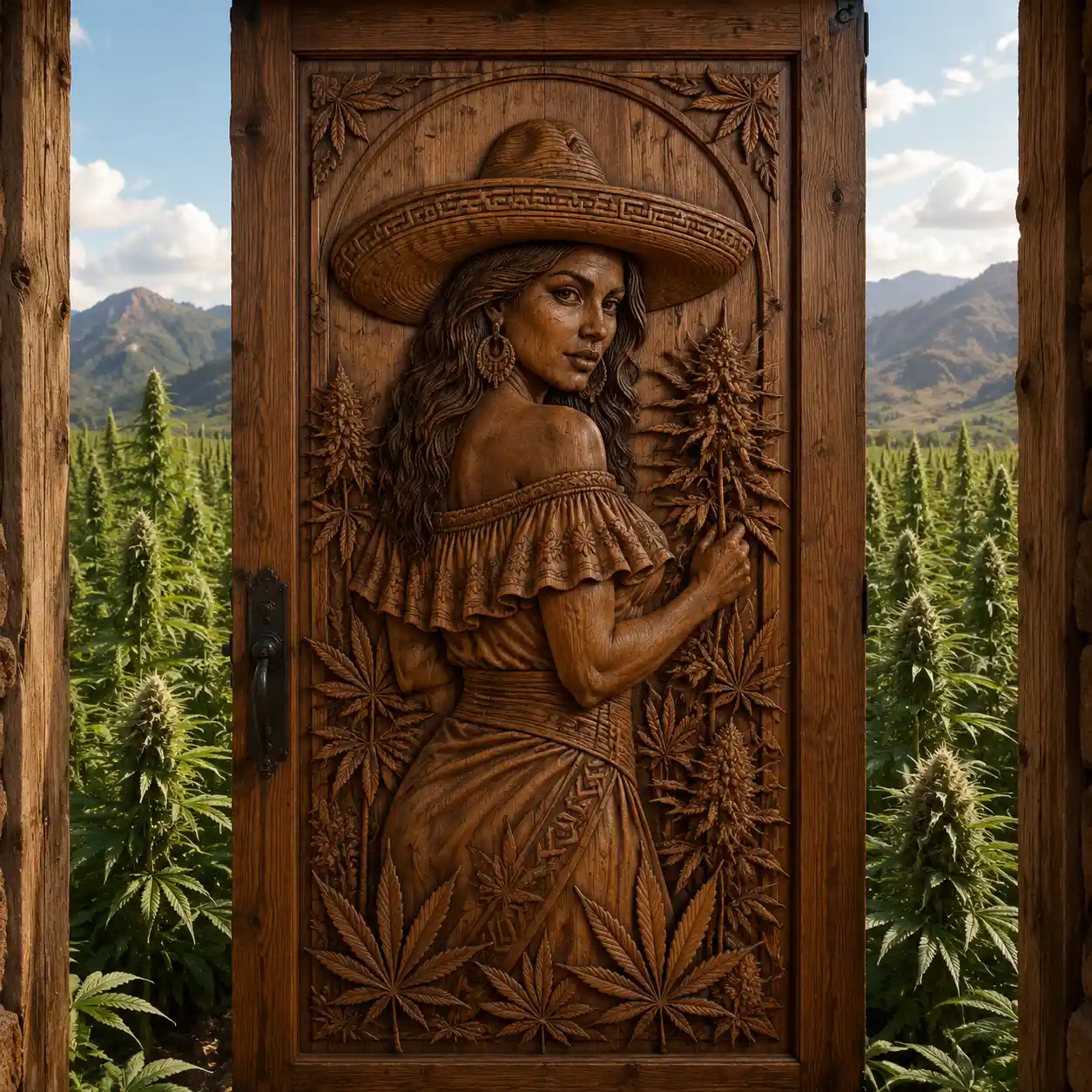 Wooden door carved with Mexican woman in marijuana field