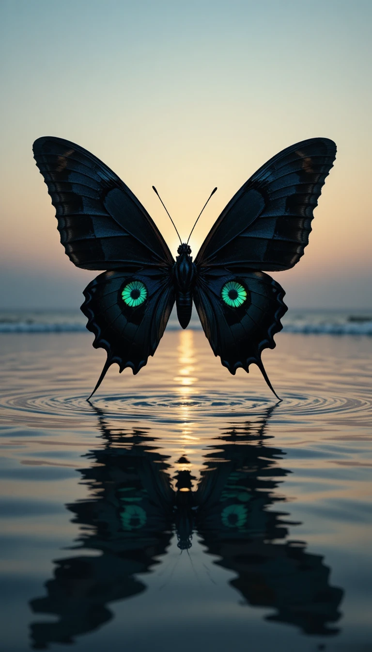 Surreal butterfly with human eyes over reflective ocean water