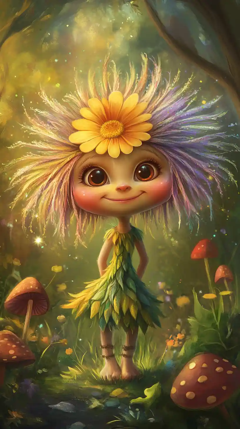 Joyful fantasy troll with fluffy rainbow hair in forest