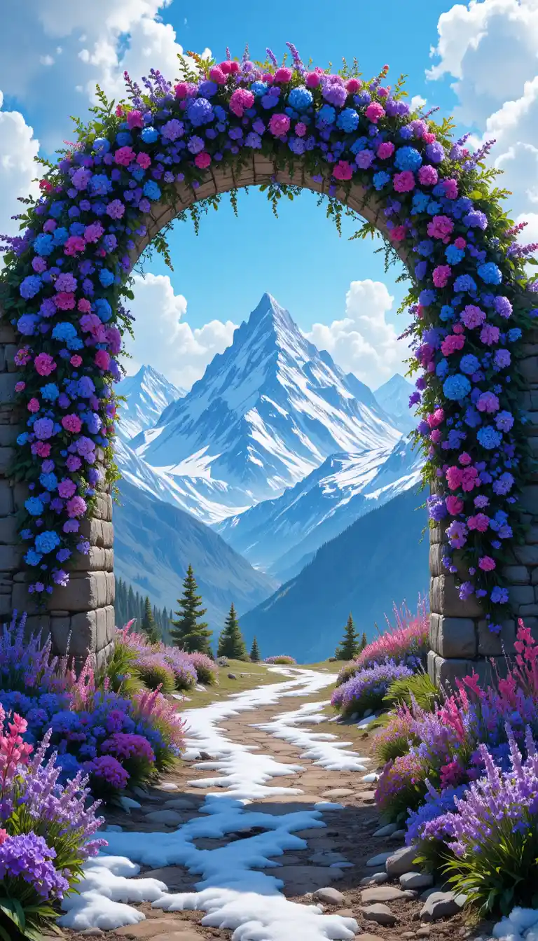 Stone archway framing snow capped alpine mountain vista