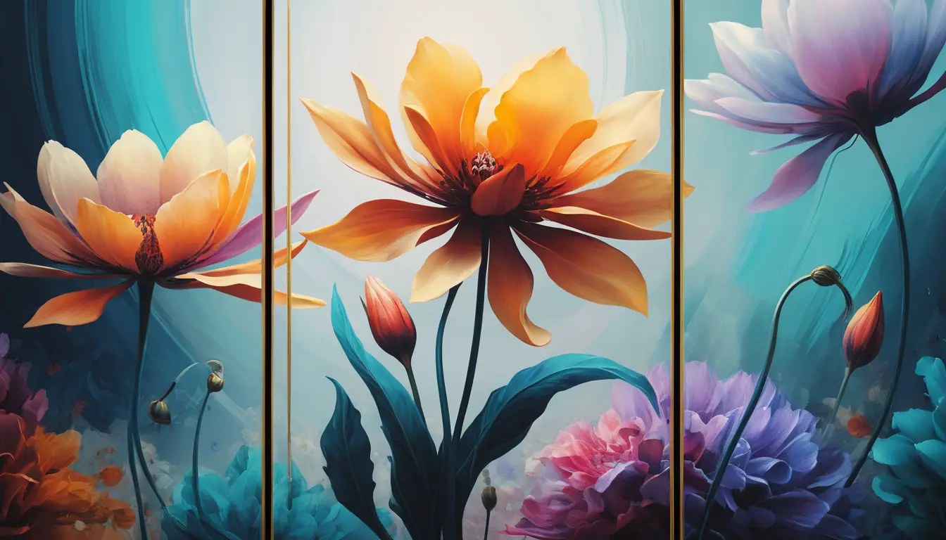 Surreal digital triptych of luminous abstract flower forms