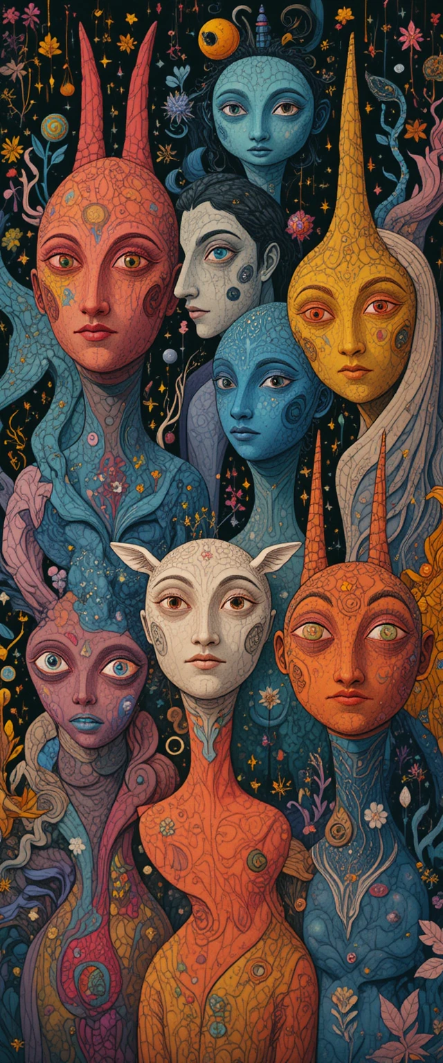 Whimsical fantasy characters in vibrant retro illustration