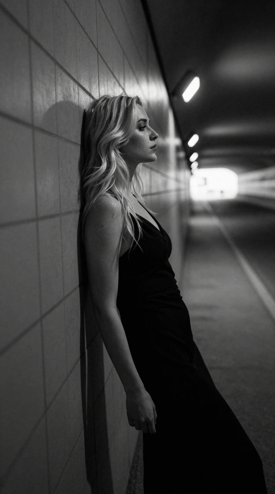 Solitary woman in tunnel light with dramatic shadows