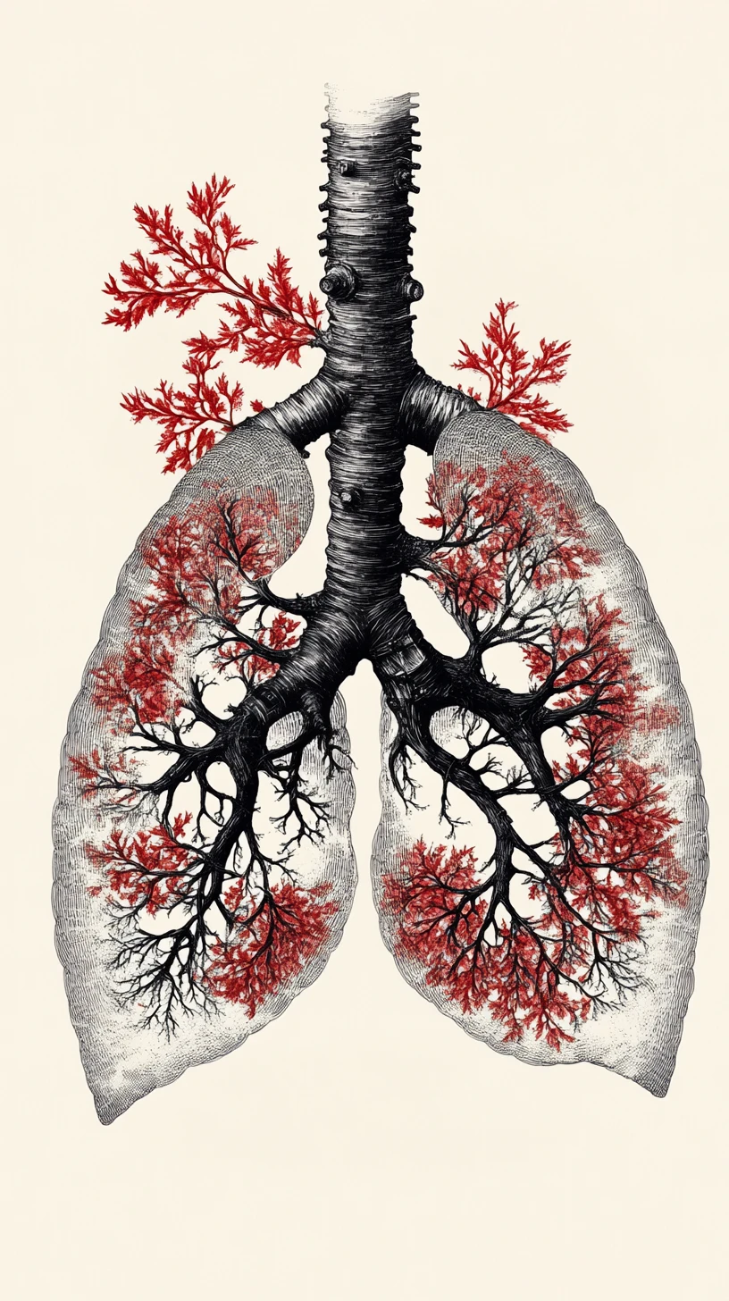 Human lungs formed from dying trees in botanical ink drawing