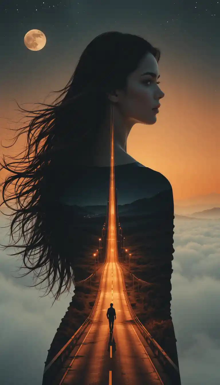 Surreal woman silhouette with highway and glowing sunset