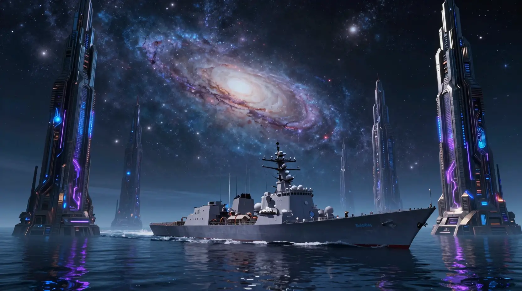 Futuristic destroyer sailing across a cosmic mirror sea
