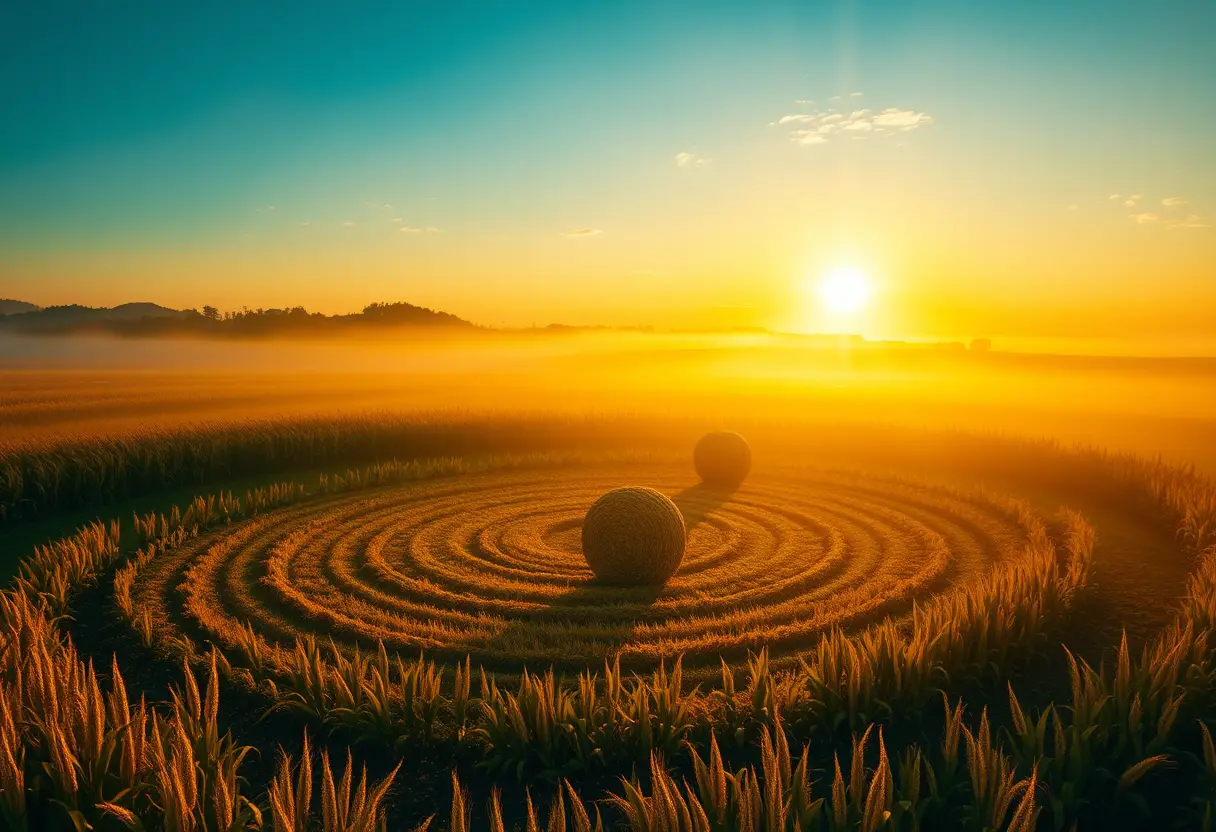 Mystical crop circle at dawn in a golden misty field
