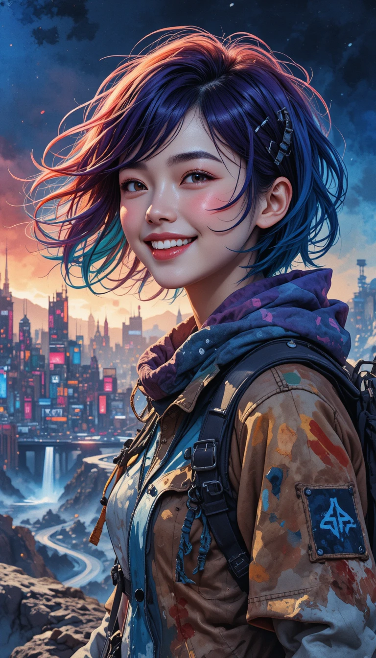 Joyful anime traveler woman against a futuristic cityscape