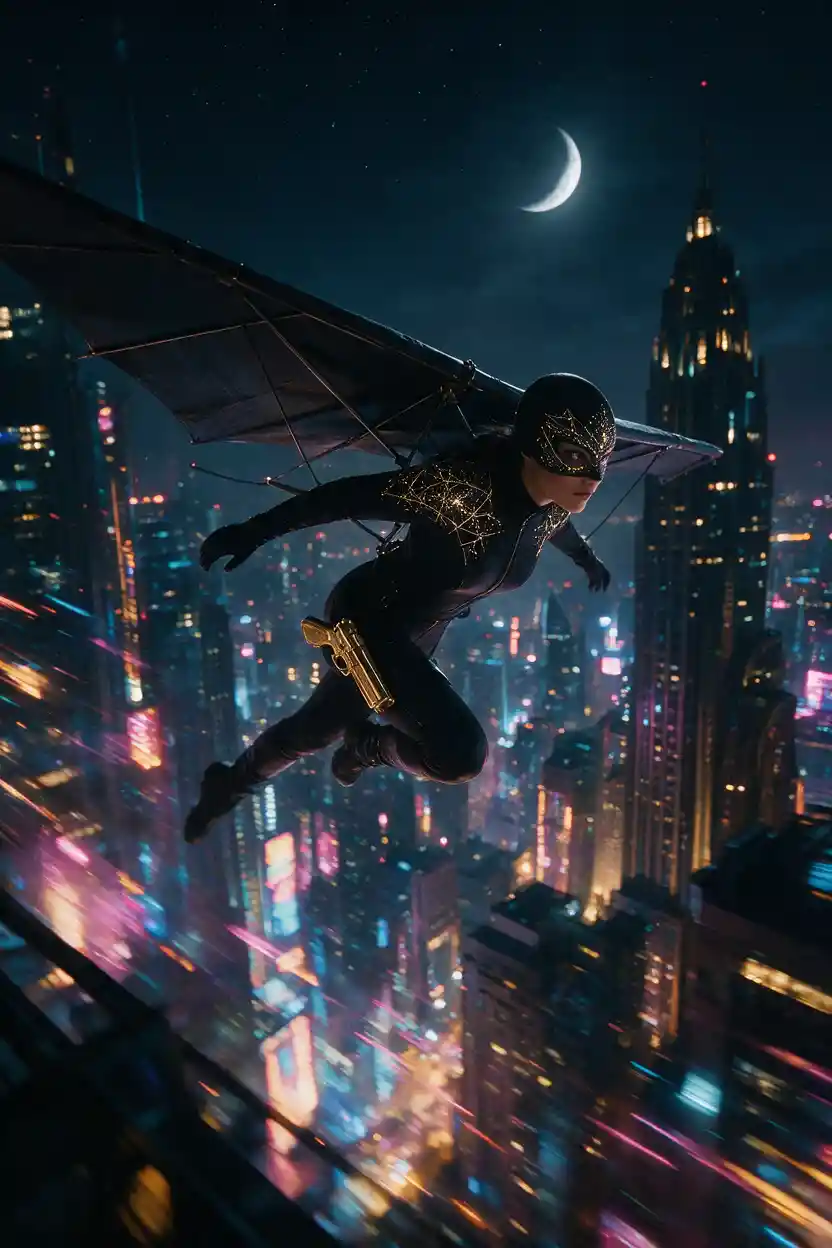 Woman gliding along a neon city rooftop at night
