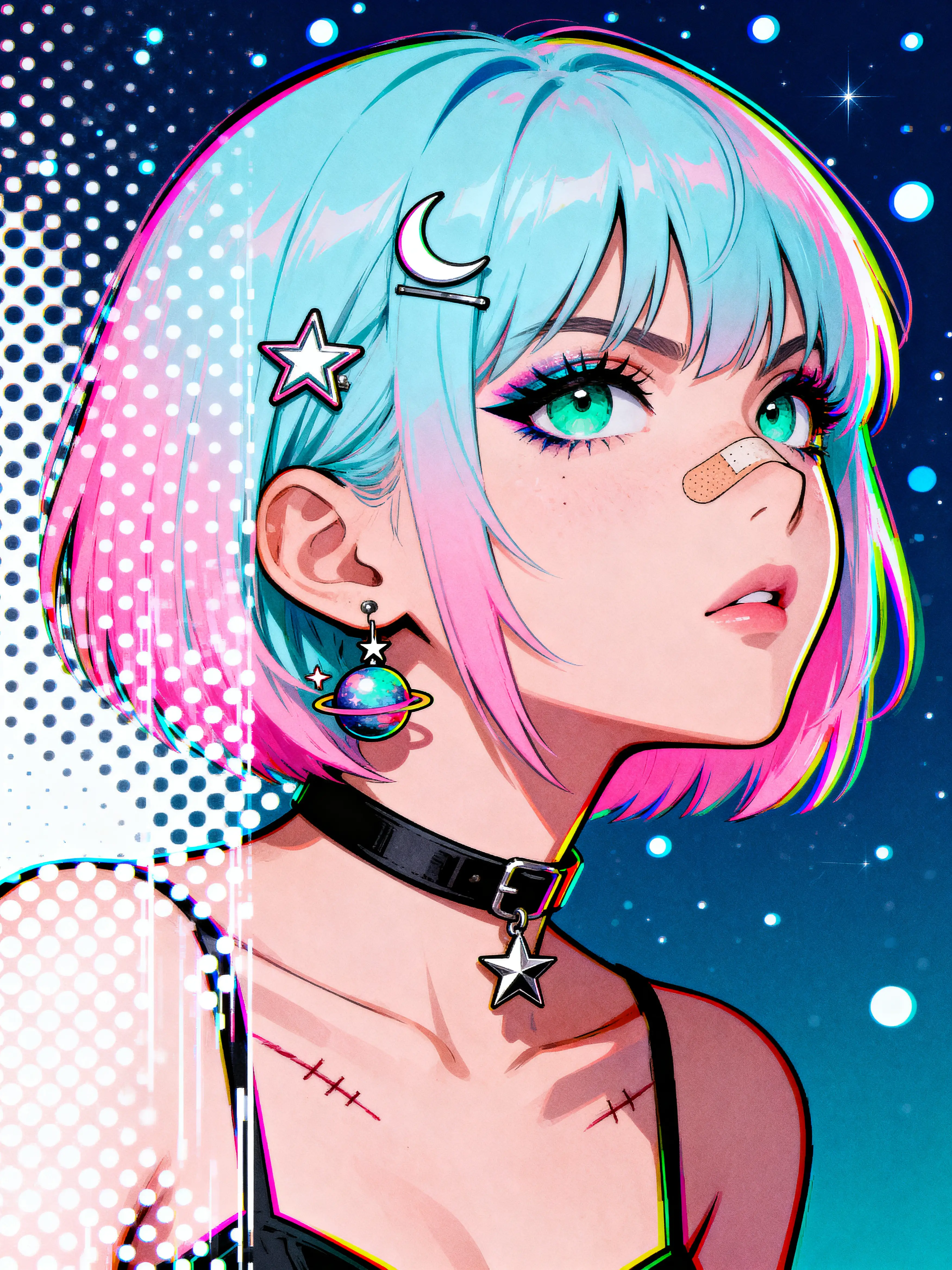Retrato de chica de anime con luz arcoíris y cielo estrellado