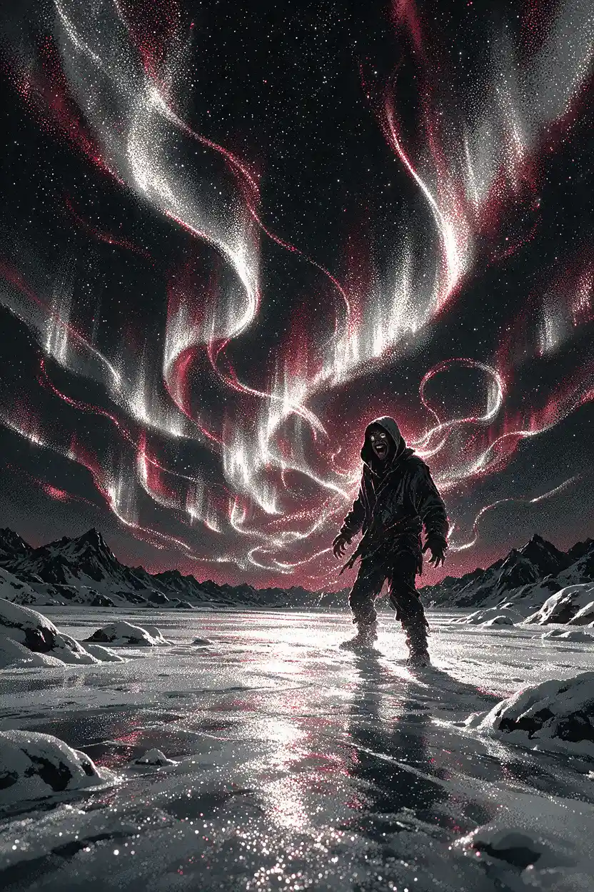 Hooded man beneath glowing aurora over icy landscape