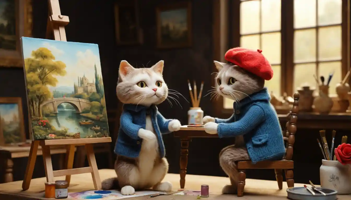Fluffy cat artist painting a feline Mona Lisa in studio