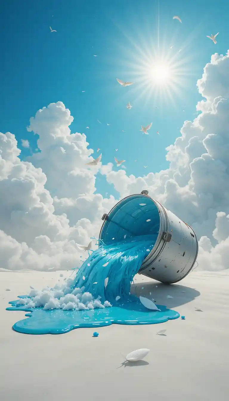 Surreal bucket spilling a luminous sky and drifting clouds