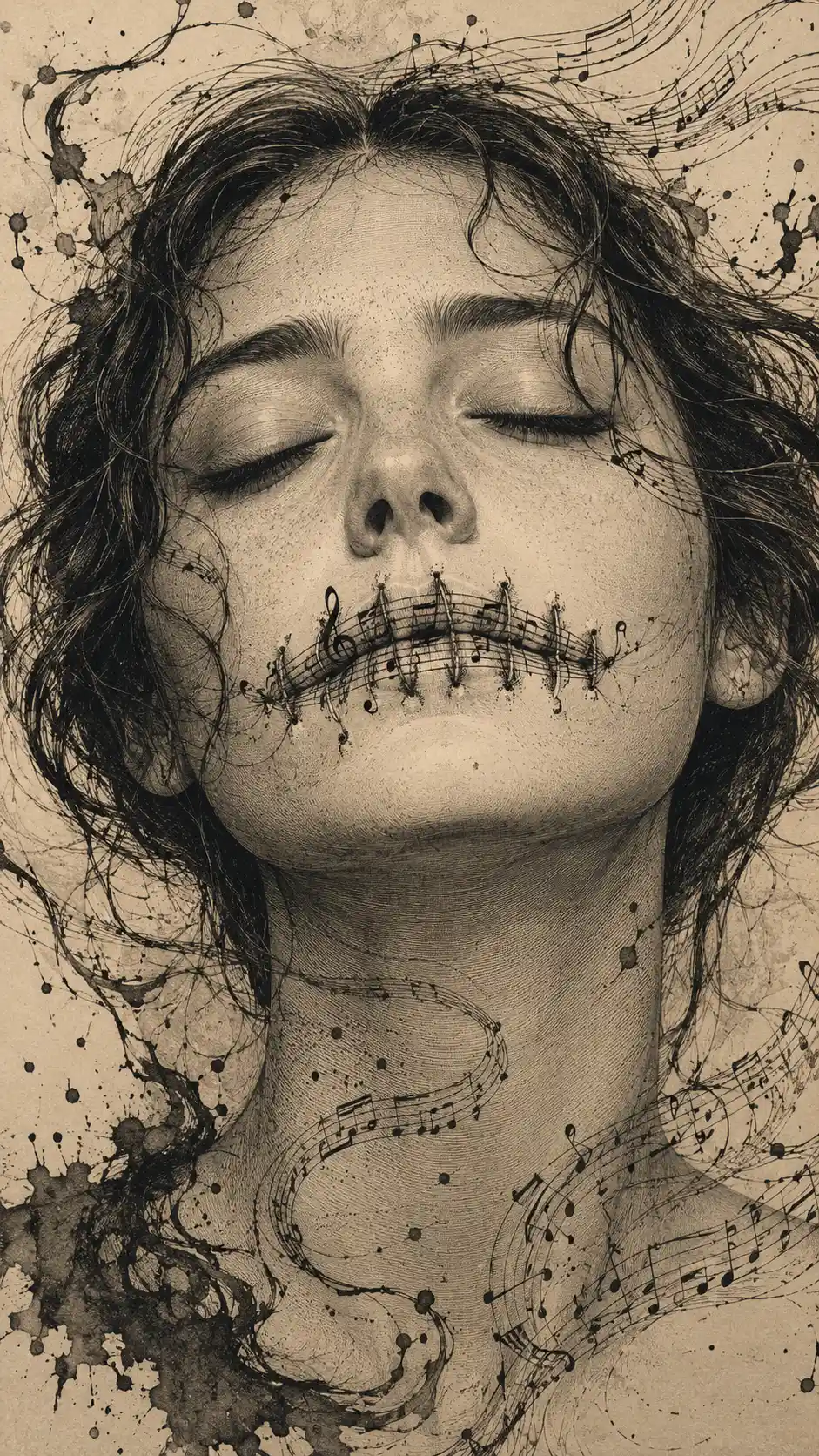 Surreal close up of a mouth sewn with musical notation