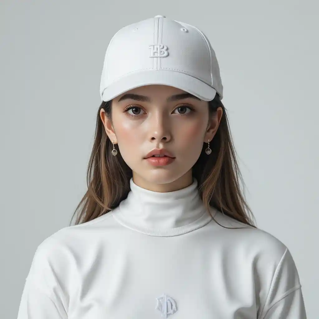 White fashion woman in monochrome outfit and baseball cap