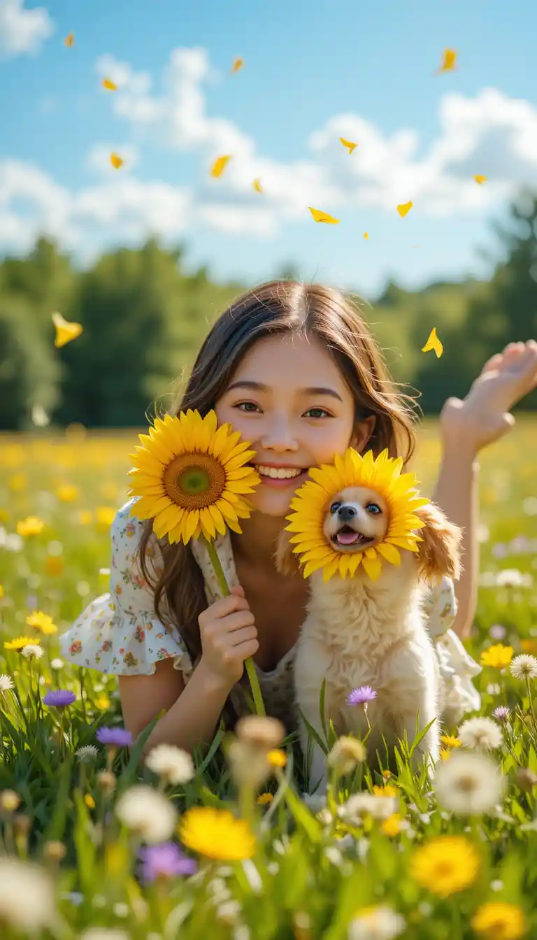 Smiling girl with small dog in sunny summer meadow