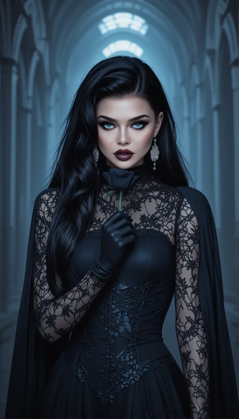 Gothic woman holding a black rose in cathedral light