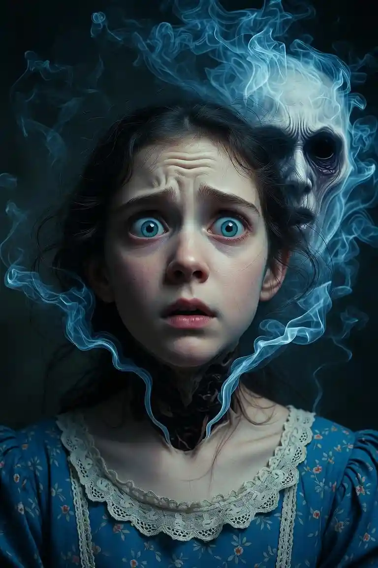 Terrified girl with ghostly apparition at her neck