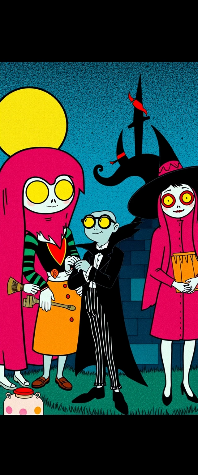 Whimsical fantasy characters in vibrant retro 80s style
