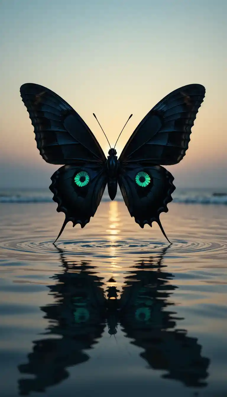 Surreal butterfly with human eyes over reflective ocean water