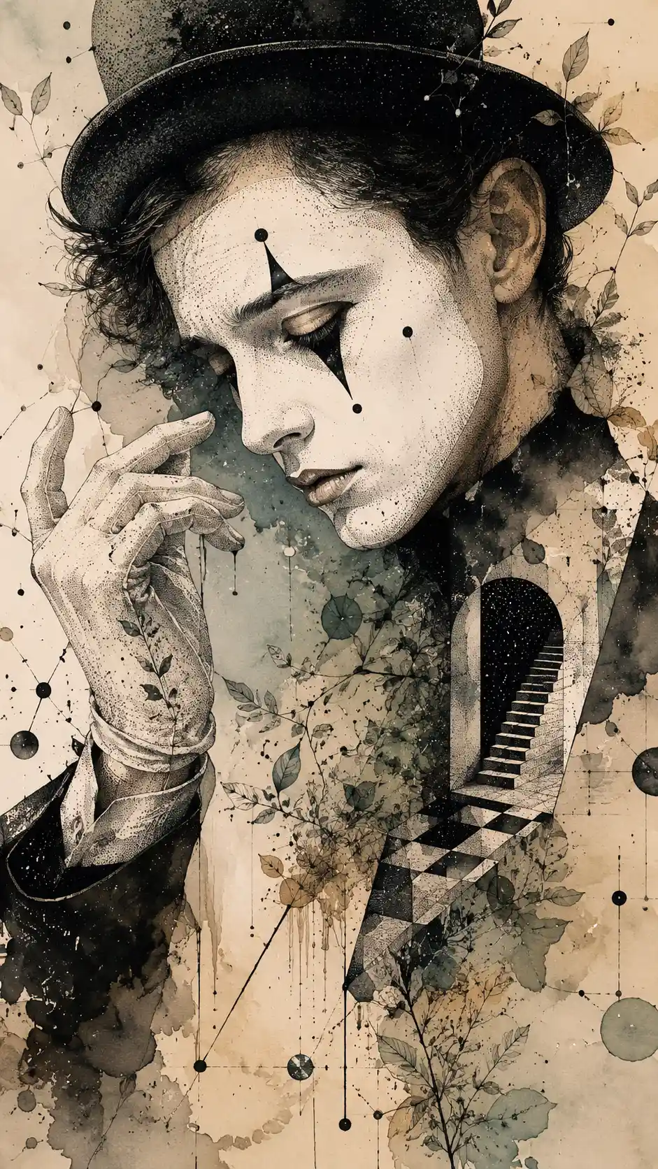 Surreal mime portrait with expressive theatrical pose and ink detail