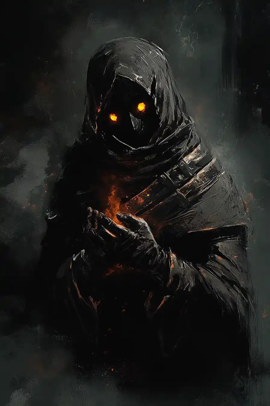 Weary figure praying by firelight in a dark chamber