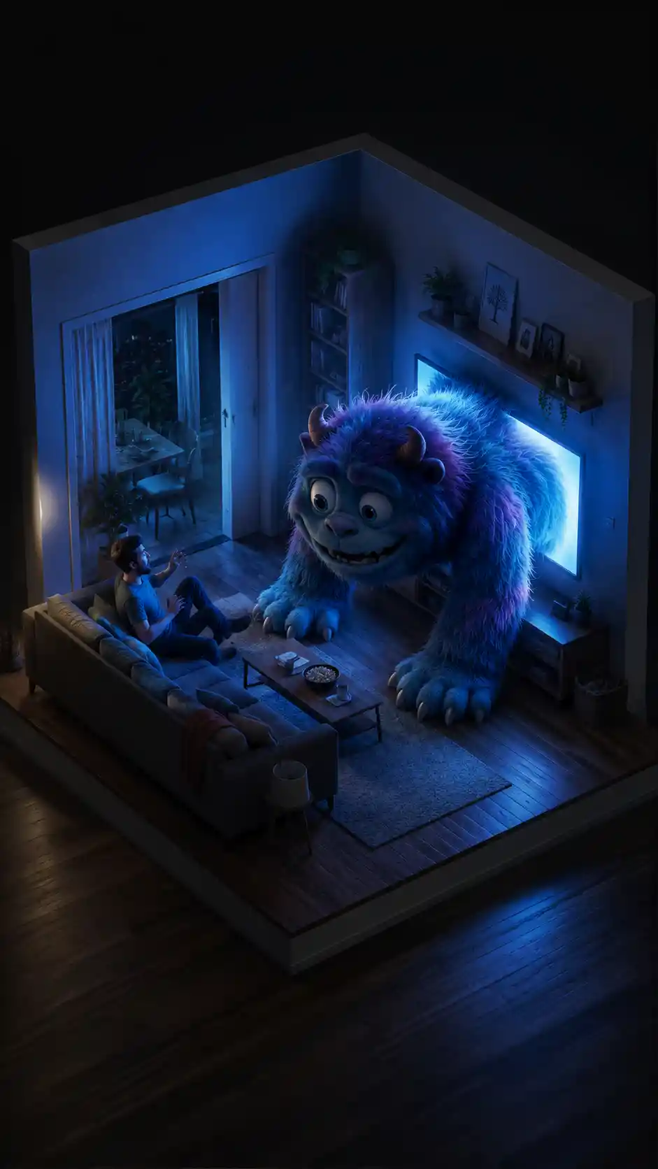 Man On Sofa Watching Cute Monster Crawl From Television