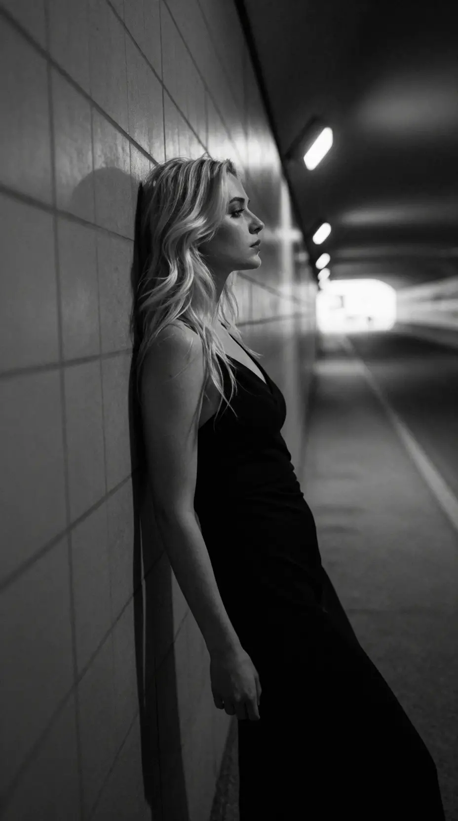 Mujer solitaria en la luz de un túnel con sombras dramáticas