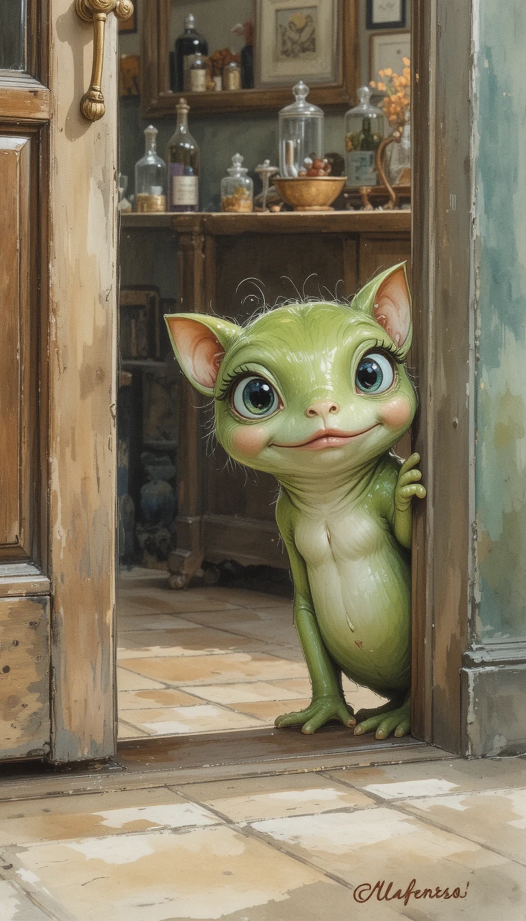 Cute green creature peeking around a cozy indoor corner